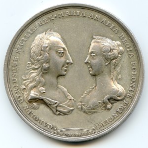 MEDAGLIA ARG.1738 PER LE NOZZE DI CARLO DI BORBONE CON MARIA AMALIA DI SASSONIA busti frontali