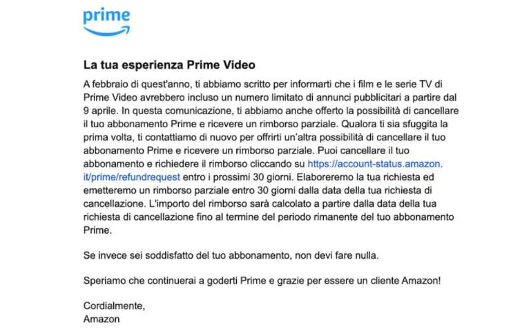 Amazon condivide un annuncio per i clienti