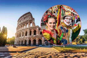 coppia vestita di carnevale e colosseo